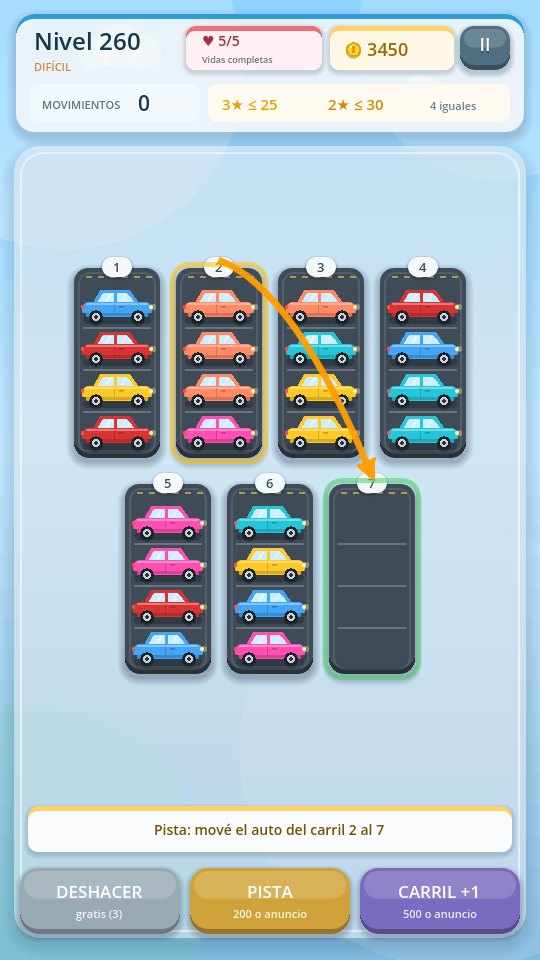 Nivel de Car Sort con una pista marcando el próximo movimiento